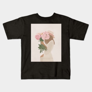 Girl with flowers, Peonies, Hat, Boho style art, Mid century art Kids T-Shirt